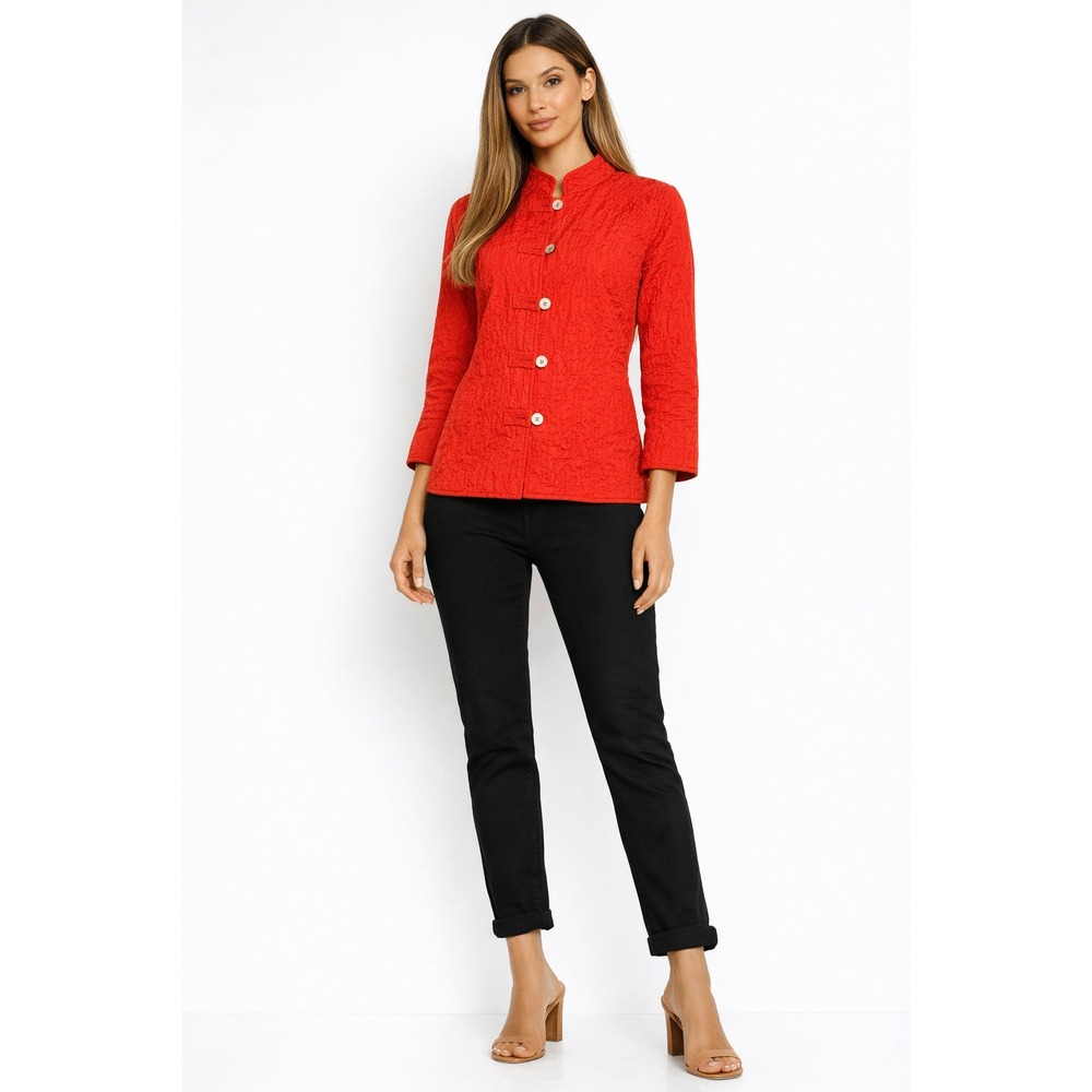 Chico's Red Textured Mandarin Collar Jacket Size 1 Button Front Crinkle Cloque